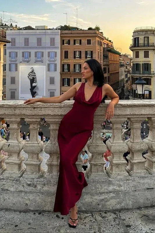 Burgundy Red Halter Neck Cowl Back Satin Mermaid Maxi Gown with Train