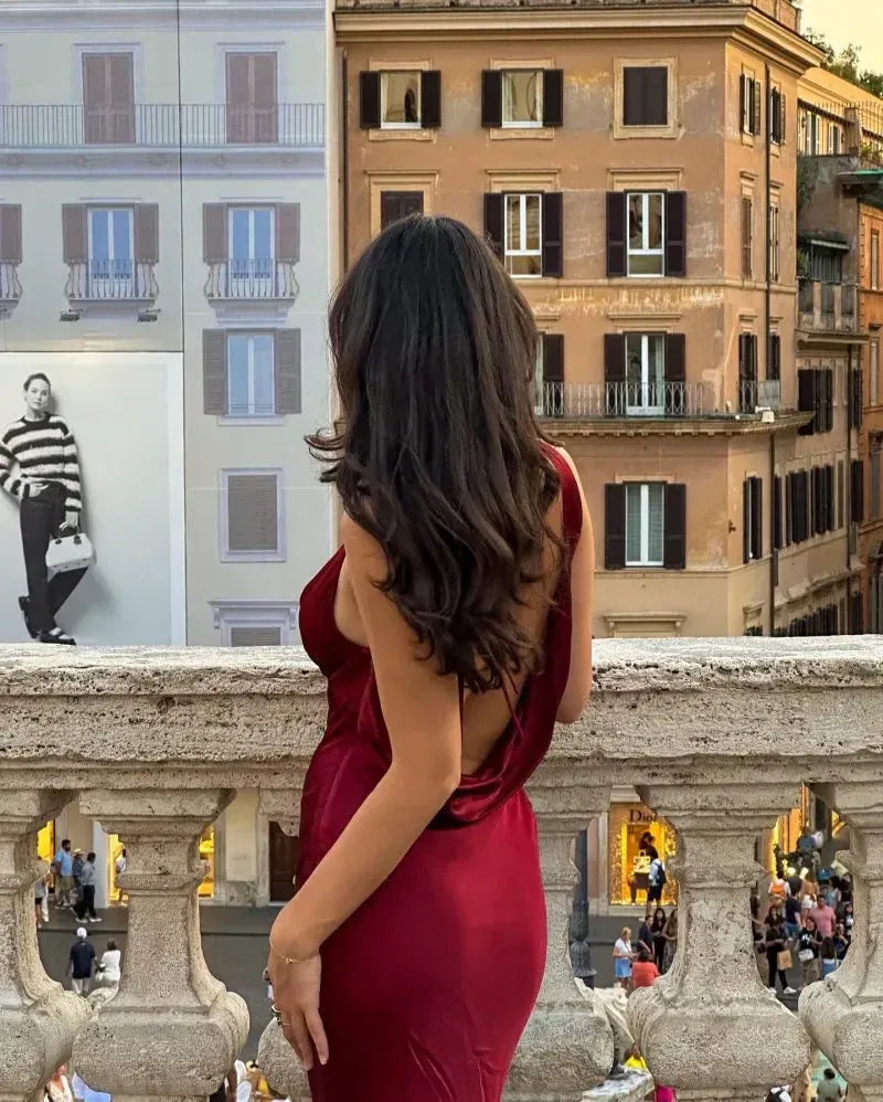 Burgundy Red Halter Neck Cowl Back Satin Mermaid Maxi Gown with Train