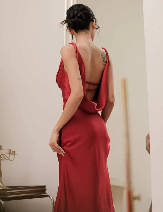 Burgundy Red Spaghetti Strap Cowl Open Back Satin Mermaid Maxi Gown with Train