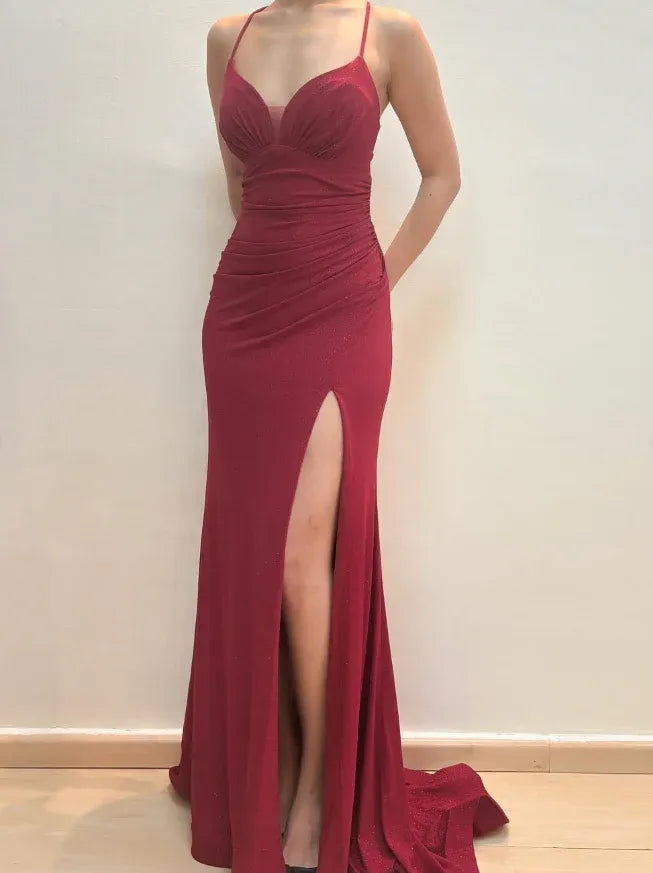 Burgundy Red Spaghetti Strap Sweetheart Lace-Up Back Mermaid Maxi Gown with Train