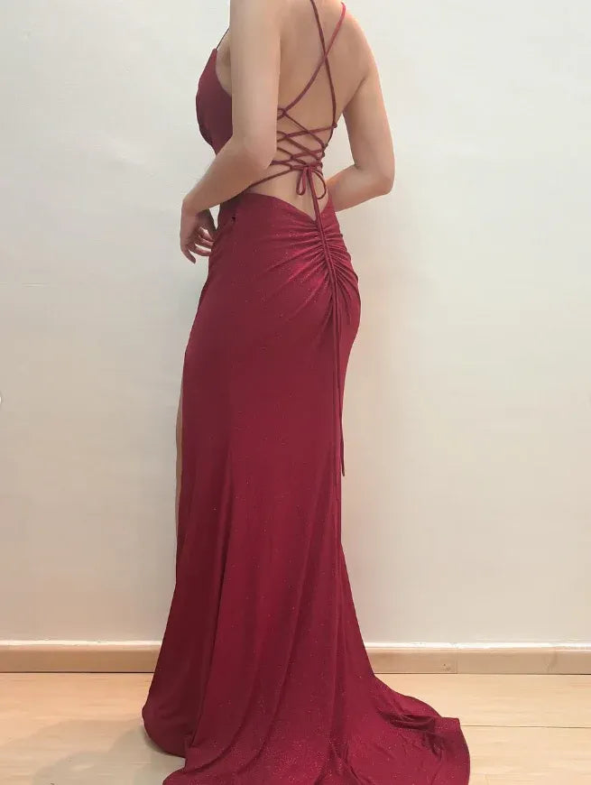 Burgundy Red Spaghetti Strap Sweetheart Lace-Up Back Mermaid Maxi Gown with Train