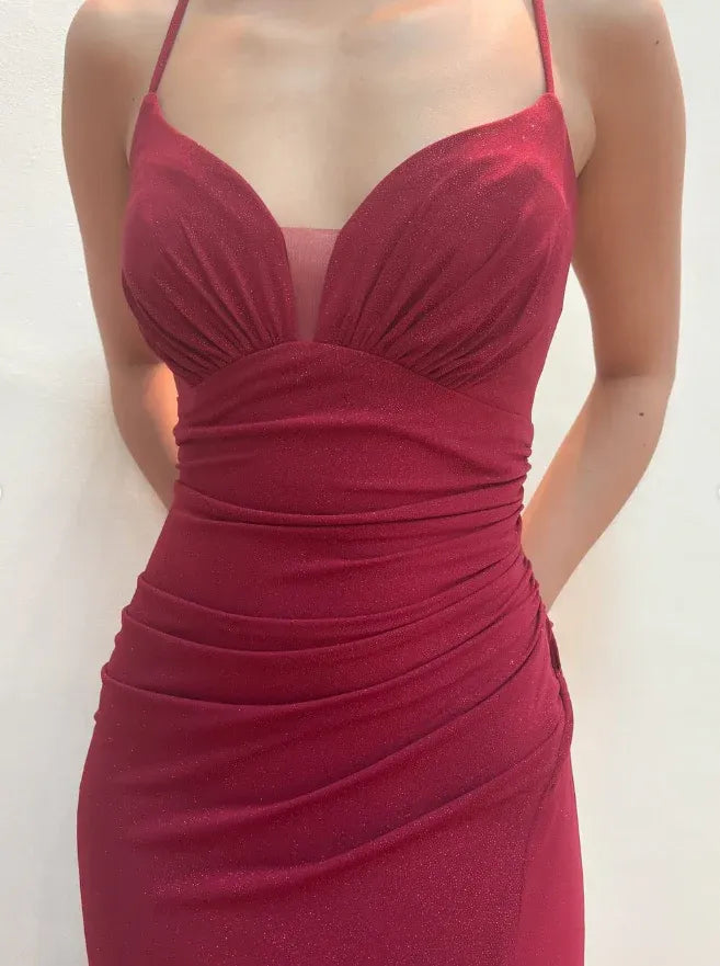 Burgundy Red Spaghetti Strap Sweetheart Lace-Up Back Mermaid Maxi Gown with Train