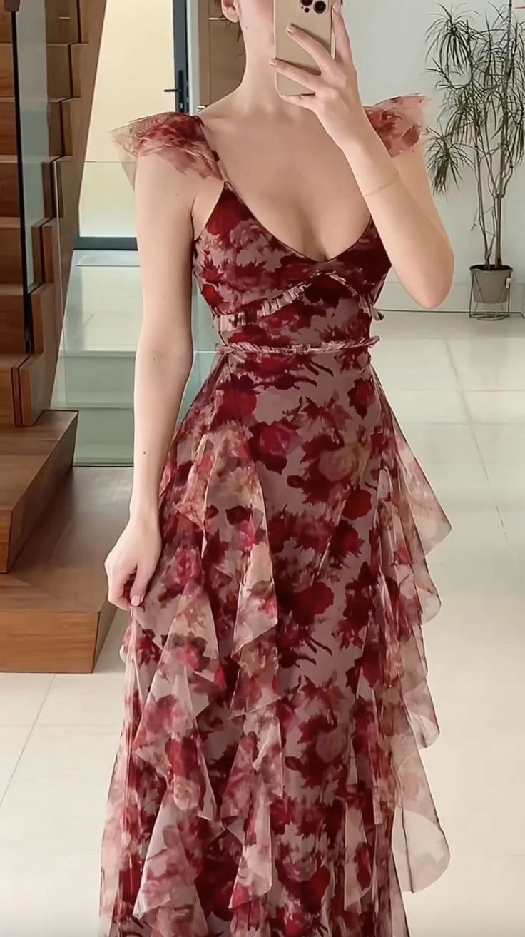 Burgundy Rose Print Ruffled Tulle Maxi Dress – Romantic Evening Gown