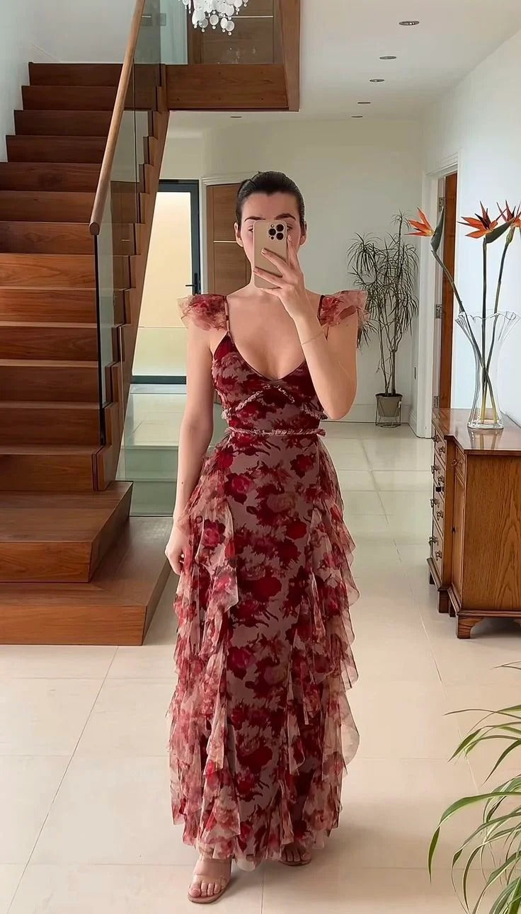 Burgundy Rose Print Ruffled Tulle Maxi Dress – Romantic Evening Gown
