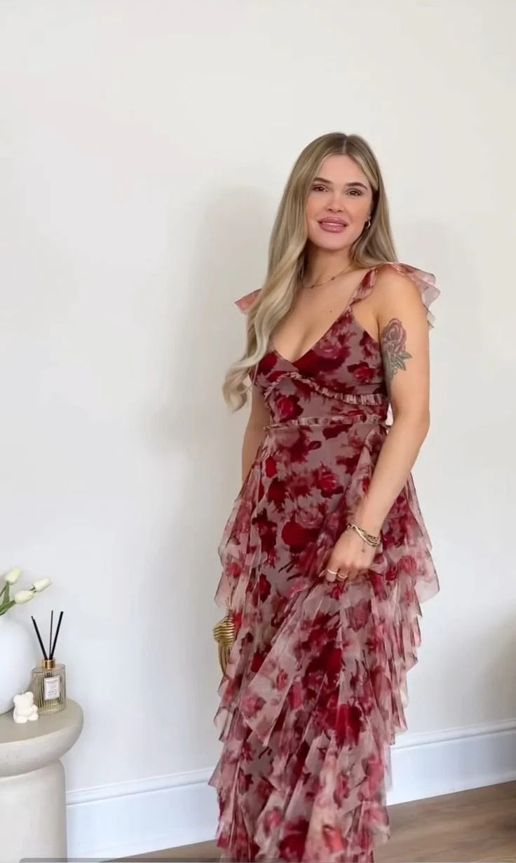 Burgundy Rose Print Ruffled Tulle Maxi Dress – Romantic Evening Gown
