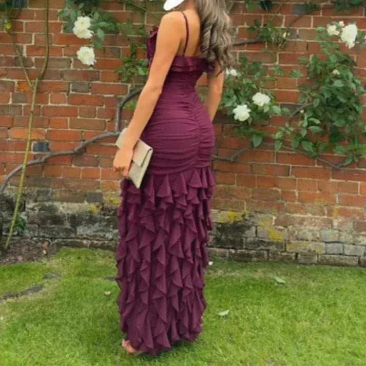 Burgundy Ruffle Ruched Spaghetti Strap High Slit Maxi Dress