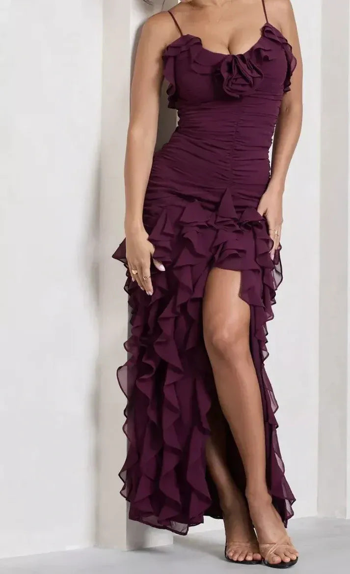 Burgundy Ruffle Ruched Spaghetti Strap High Slit Maxi Dress