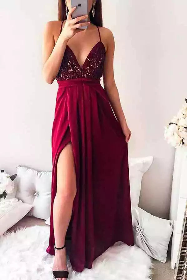 Burgundy Satin Beaded Deep V Crisscross Back Slit Gown – Luxe & Dazzling Evening Party Dress