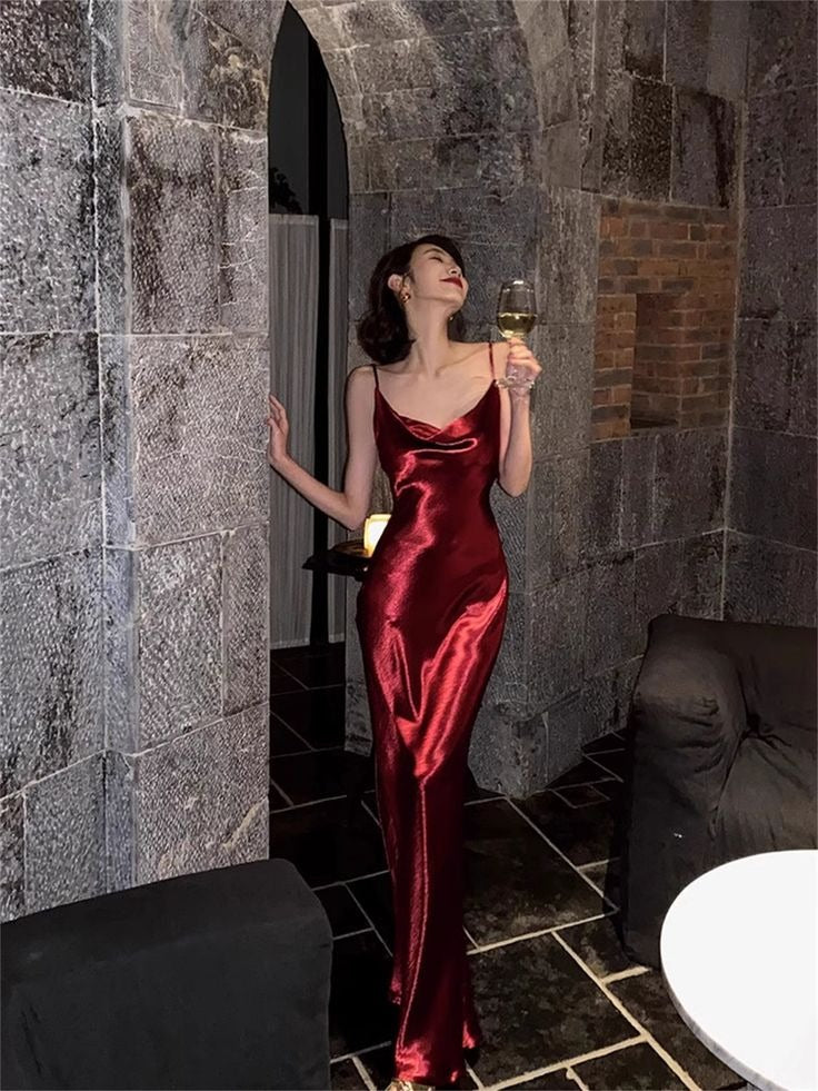Burgundy Satin Cowl Neck Maxi Dress – Spaghetti Strap Slip Formal Evening Gown