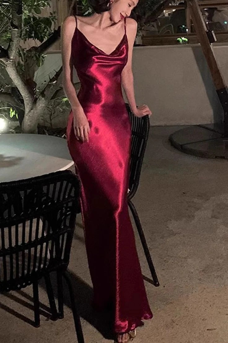 Burgundy Satin Cowl Neck Maxi Dress – Spaghetti Strap Slip Formal Evening Gown