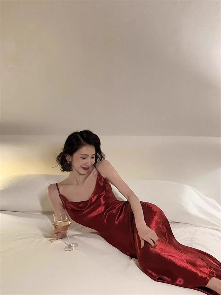 Burgundy Satin Cowl Neck Maxi Dress – Spaghetti Strap Slip Formal Evening Gown