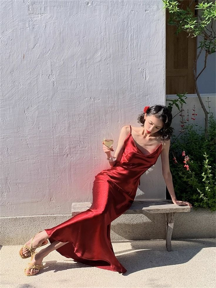 Burgundy Satin Cowl Neck Maxi Dress – Spaghetti Strap Slip Formal Evening Gown