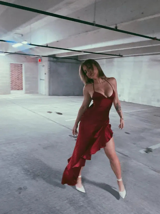 Burgundy Satin Cowl Neck Ruffle High Slit Midi Dress