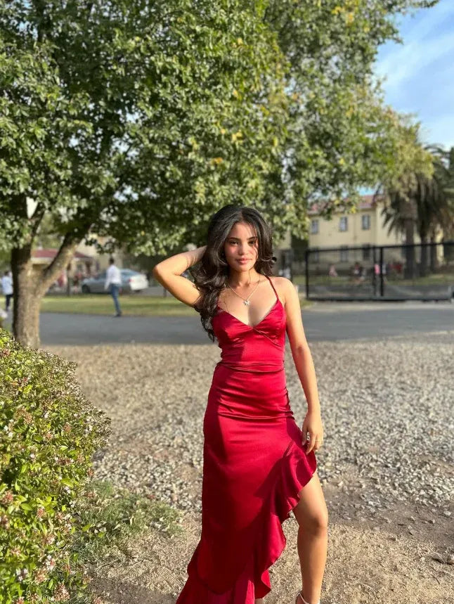 Burgundy Satin Cowl Neck Ruffle High Slit Midi Dress