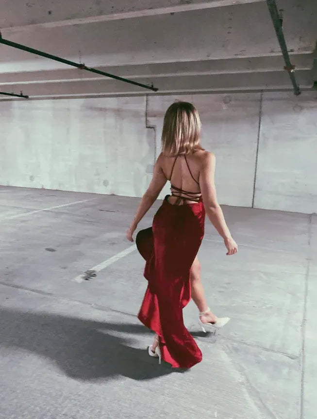 Burgundy Satin Cowl Neck Ruffle High Slit Midi Dress