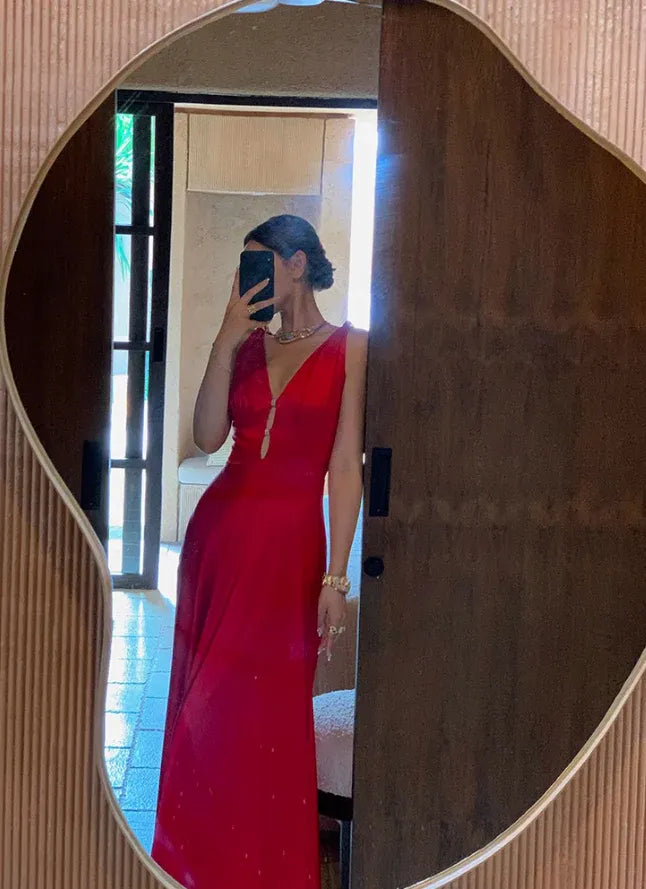 Burgundy Satin Deep V Backless Mermaid Gown