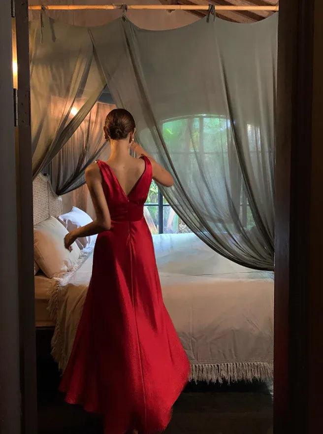 Burgundy Satin Deep V Backless Mermaid Gown
