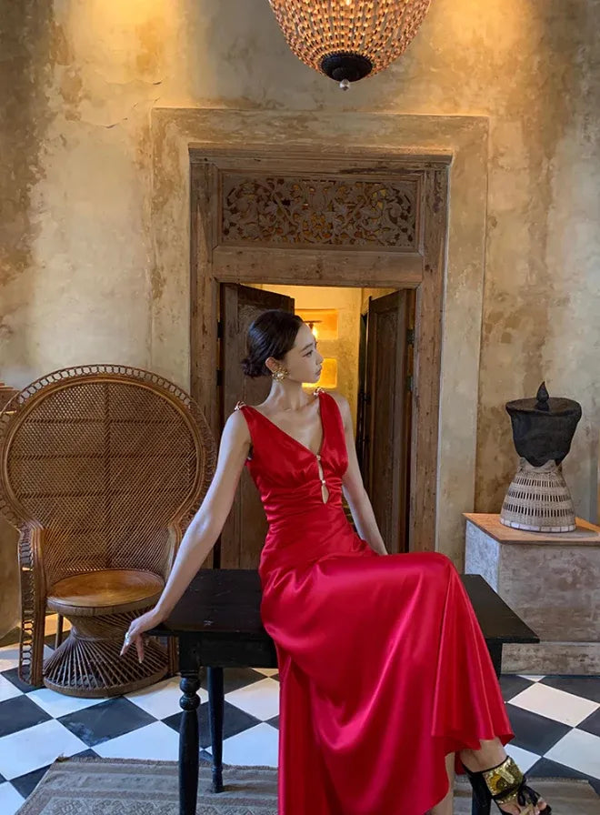 Burgundy Satin Deep V Backless Mermaid Gown