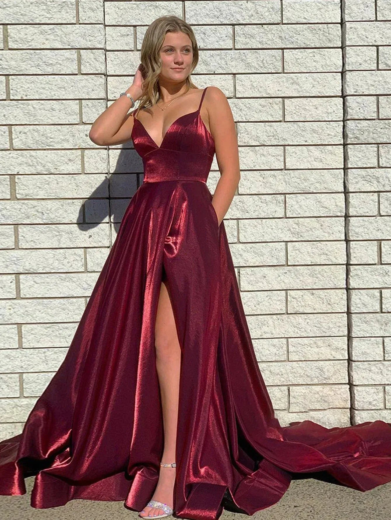 Burgundy Satin Double-Strap Lace-Up Back High Slit A-Line Prom Gown with Pockets