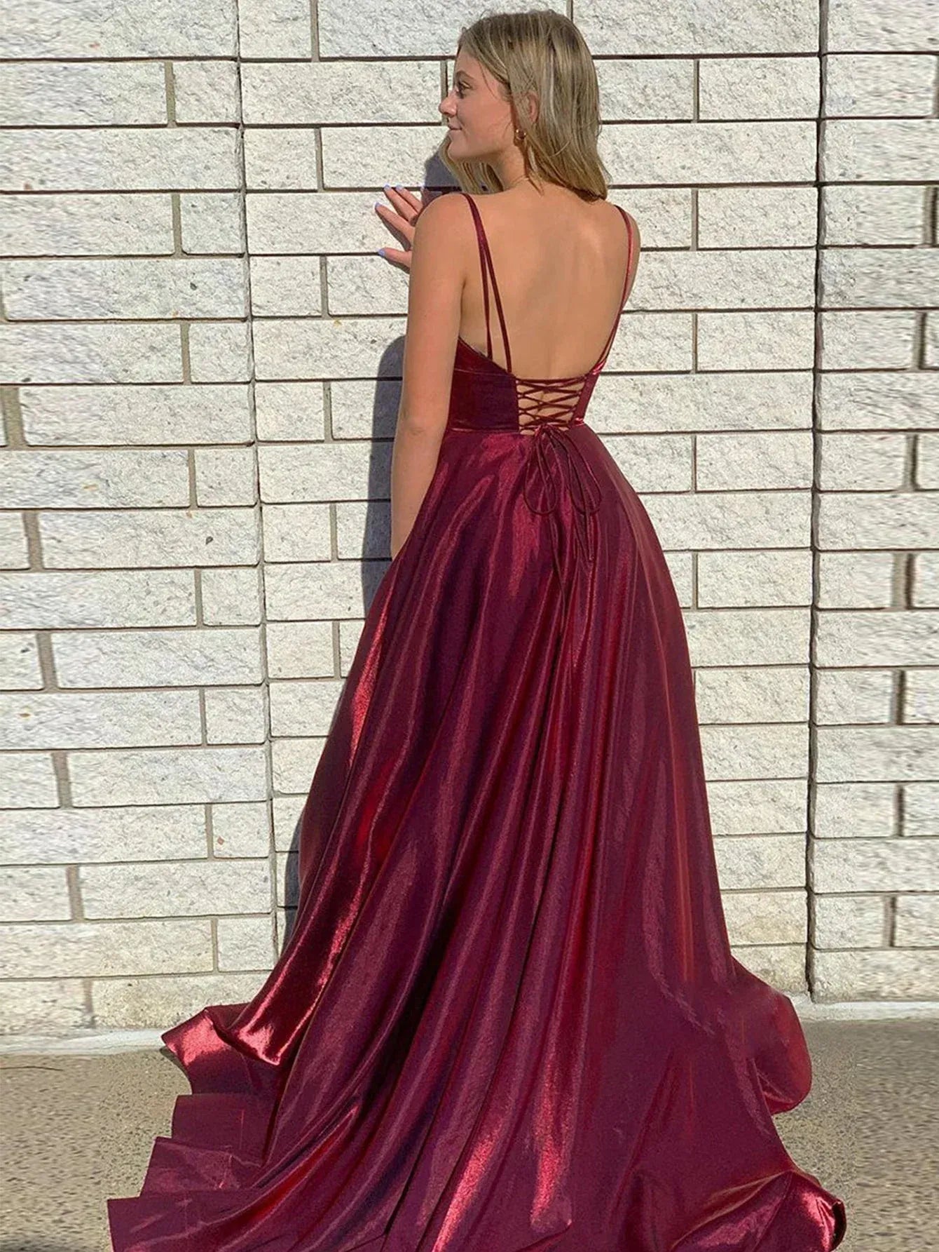 Burgundy Satin Double-Strap Lace-Up Back High Slit A-Line Prom Gown with Pockets