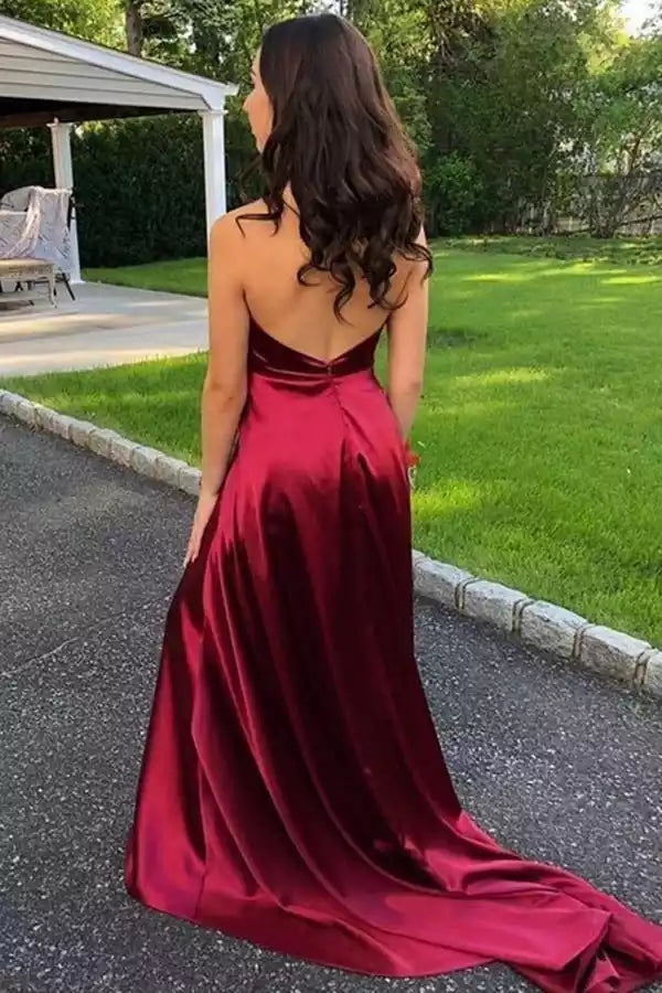 Burgundy Satin Halter-Neck Open-Back Slit Train Gown – Luxe & Alluring Evening Party Dress