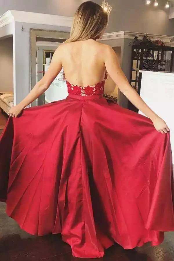 Burgundy Satin Halter Lace Ball Gown – Regal & Romantic Evening Party Dress