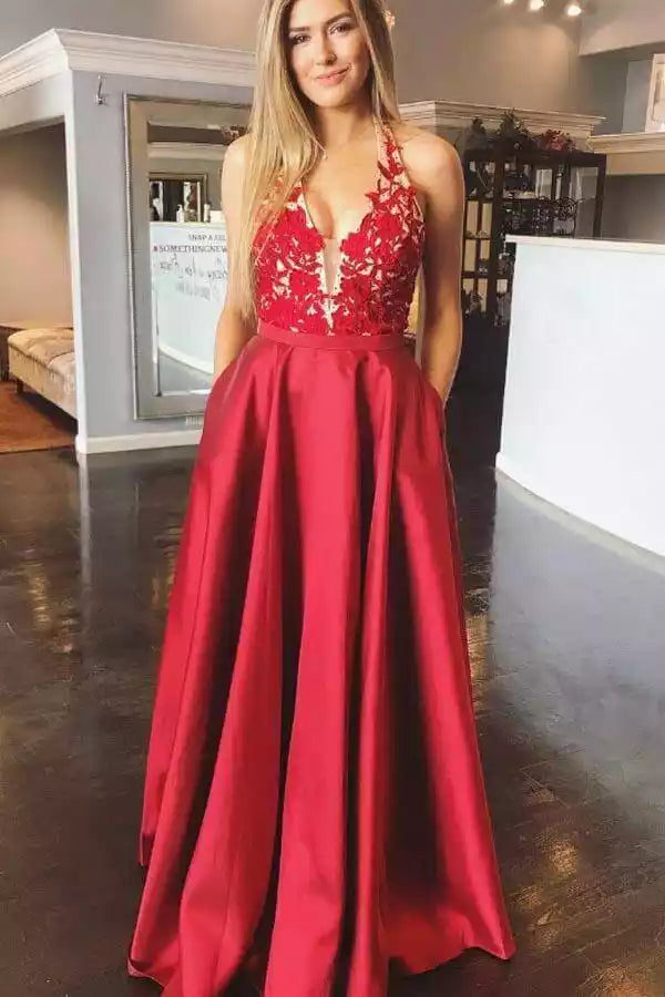 Burgundy Satin Halter Lace Ball Gown – Regal & Romantic Evening Party Dress