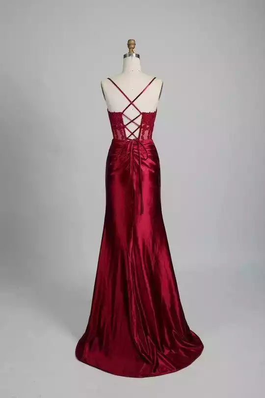 Burgundy Satin Lace-Embellished Crisscross-Back Mermaid Gown – Glamorous & Timeless Evening Party Dress