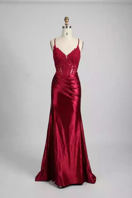 Burgundy Satin Lace-Embellished Crisscross-Back Mermaid Gown – Glamorous & Timeless Evening Party Dress
