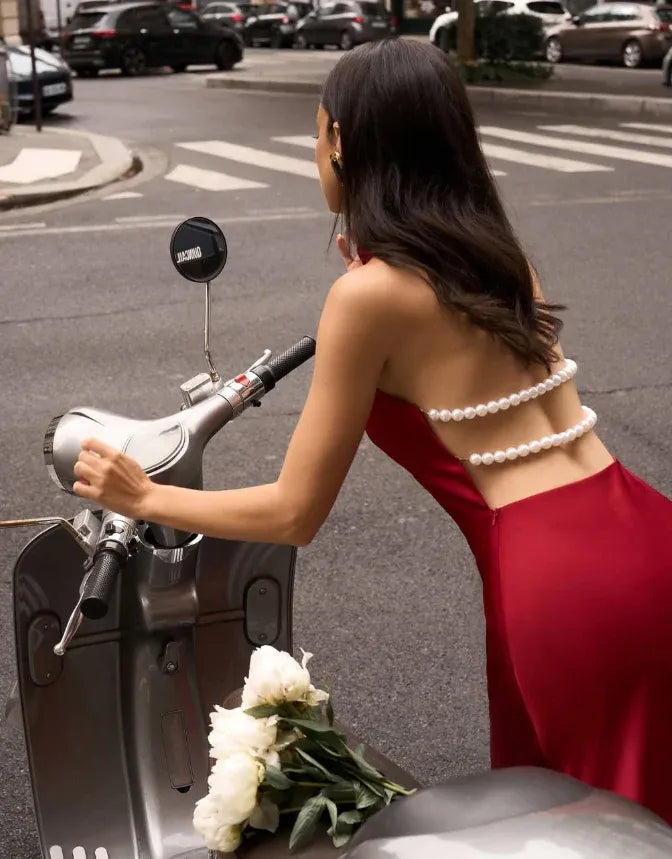 Burgundy Satin Pearl Cutout Halter Maxi Dress