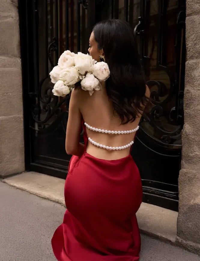 Burgundy Satin Pearl Cutout Halter Maxi Dress