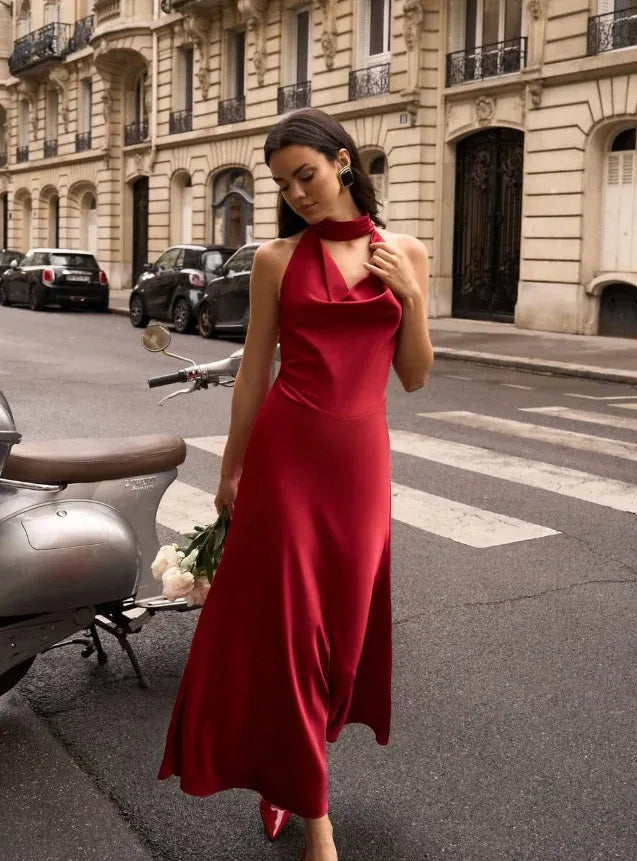 Burgundy Satin Pearl Cutout Halter Maxi Dress