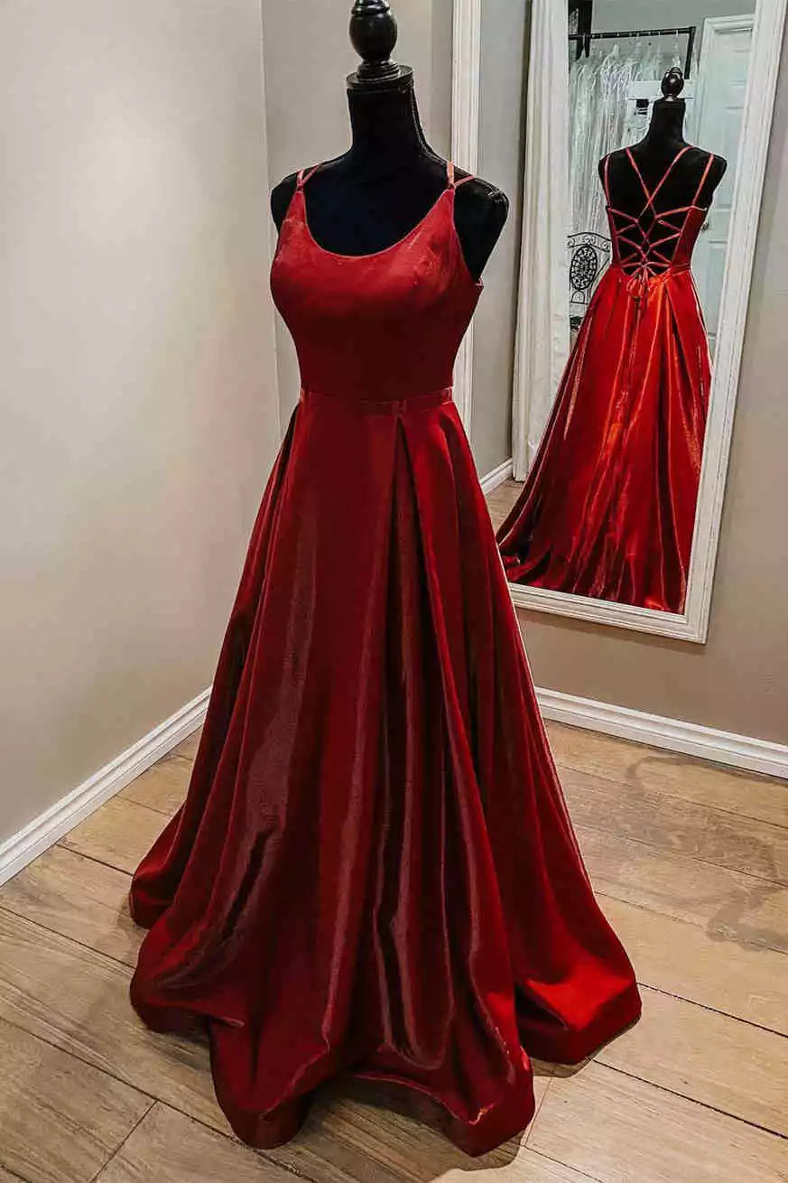 Burgundy Satin Spaghetti-Strap Crisscross-Back Ball Gown – Luxe & Regal Evening Party Dress