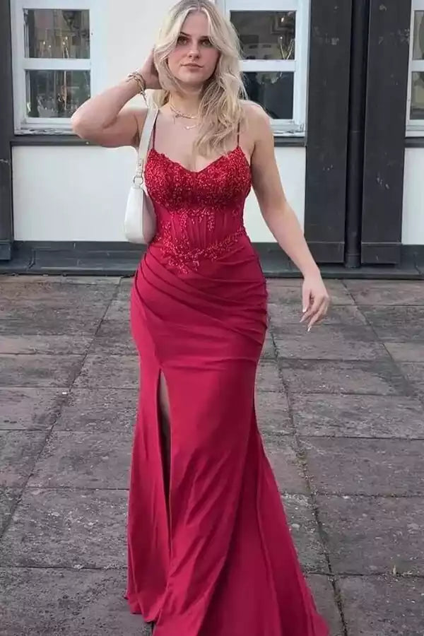 Burgundy Satin Spaghetti Strap Beaded Mermaid Gown – Alluring & Glamorous Evening Party Dress