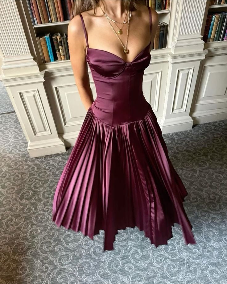 Burgundy Satin Spaghetti Strap Corset Bodice Pleated Maxi Gown