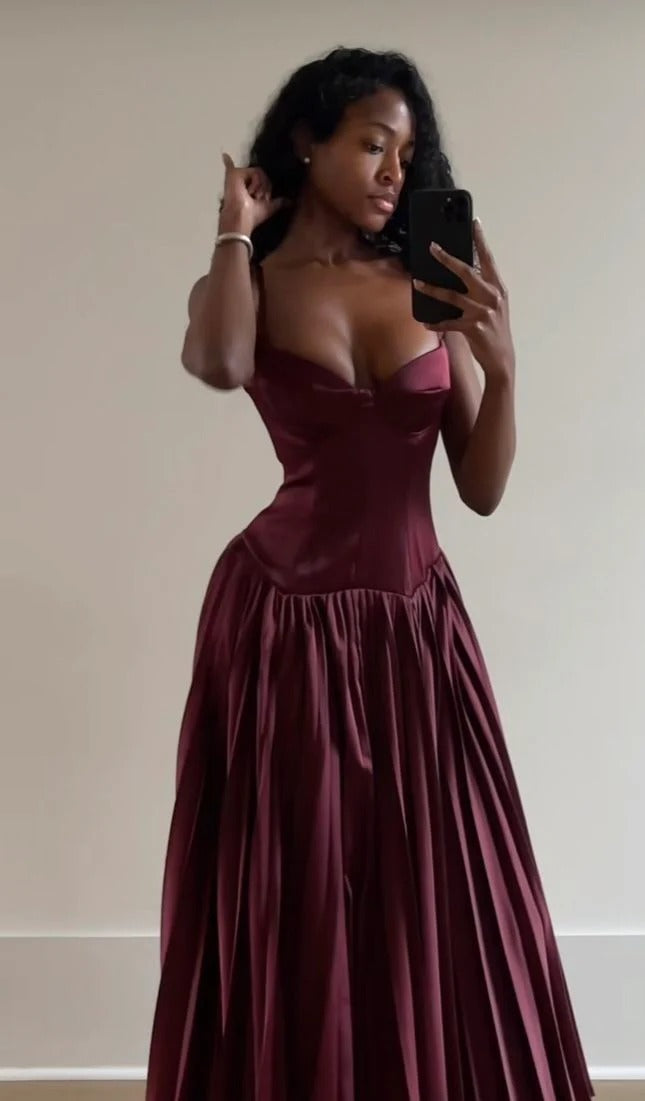 Burgundy Satin Spaghetti Strap Corset Bodice Pleated Maxi Gown