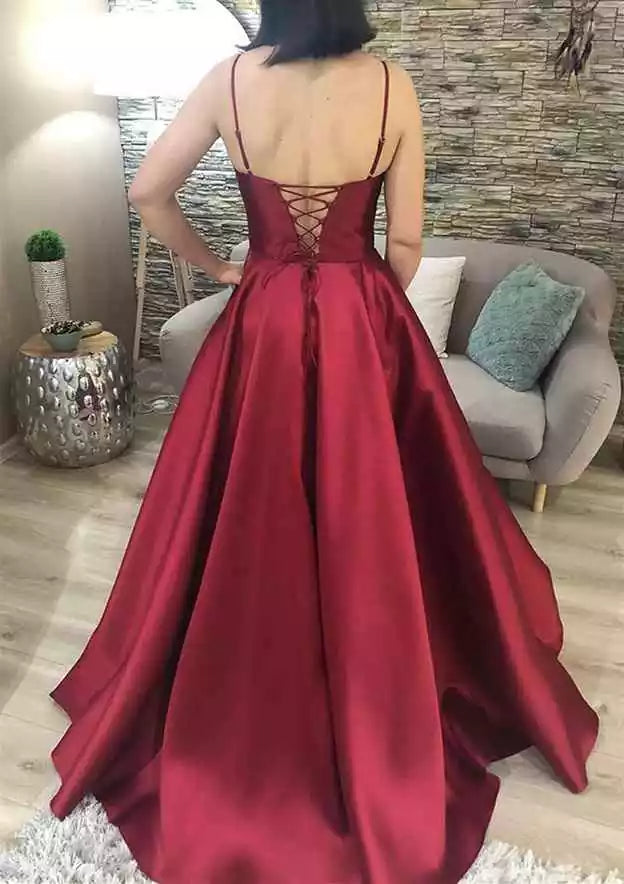 Burgundy Satin Spaghetti Strap Lace-Up A-Line Gown – Luxurious & Modern Evening Party Dress