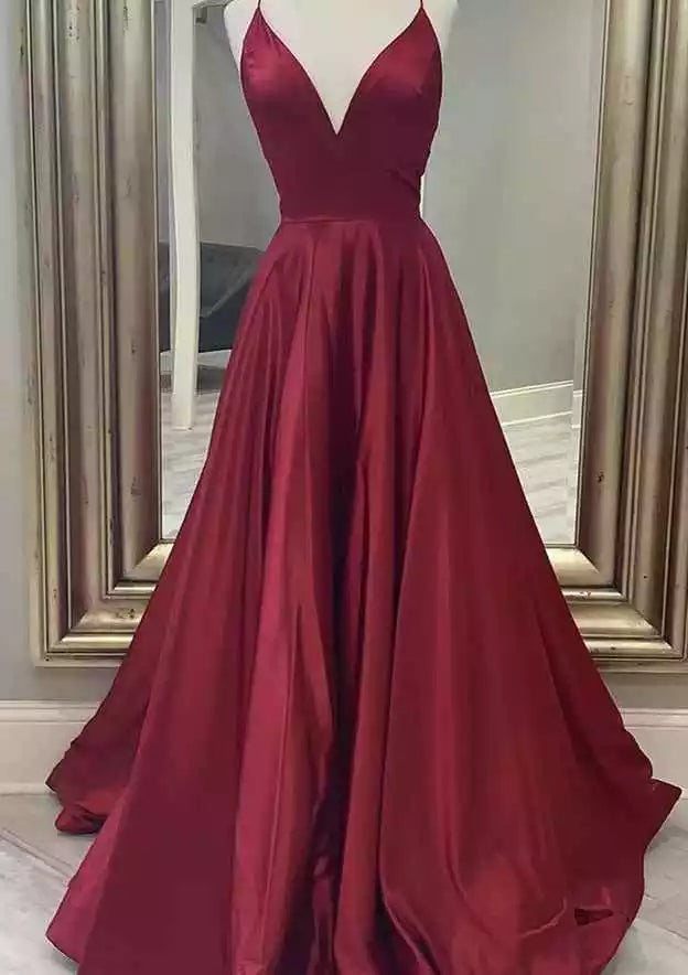Burgundy Satin Spaghetti Strap Lace-Up A-Line Gown – Luxurious & Modern Evening Party Dress