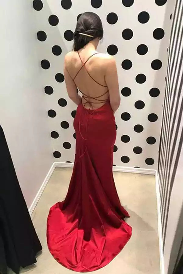 Burgundy Satin Strapless Crisscross Back Mermaid Train Gown – Luxe & Alluring Evening Party Dress