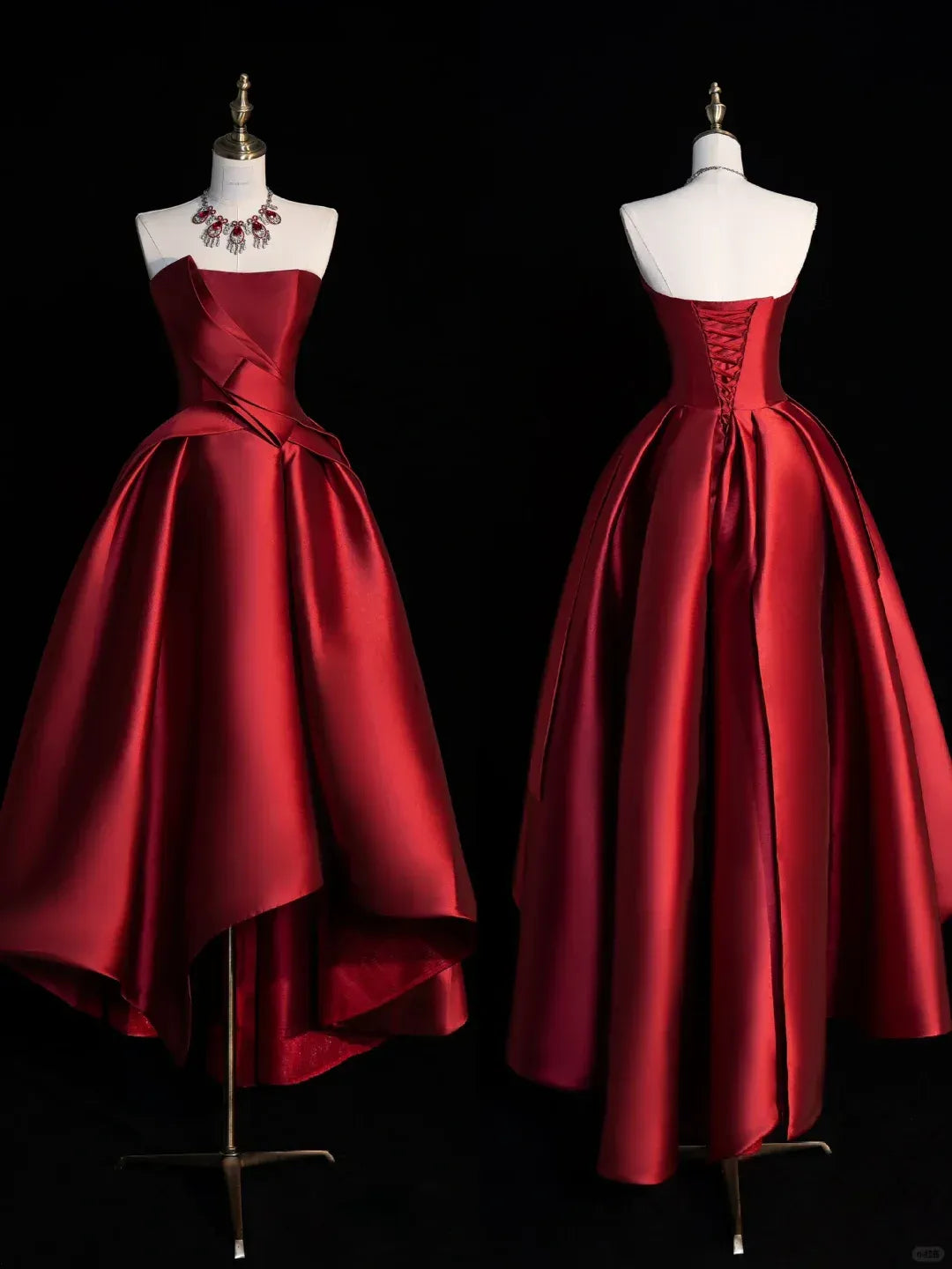 Burgundy Satin Strapless High-Low Ball Gown – Lace-Up Back Formal Evening Dress