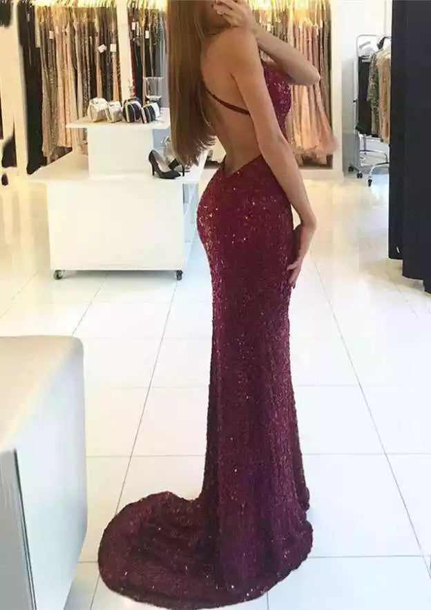 Burgundy Sequin Halter Open-Back Mermaid Gown – Glittering & Daring Evening Party Dress