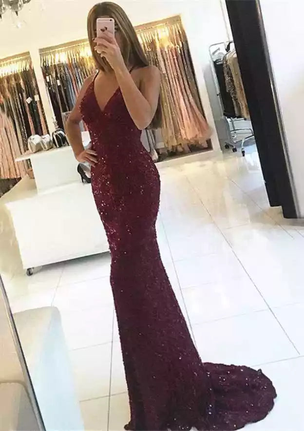 Burgundy Sequin Halter Open-Back Mermaid Gown – Glittering & Daring Evening Party Dress
