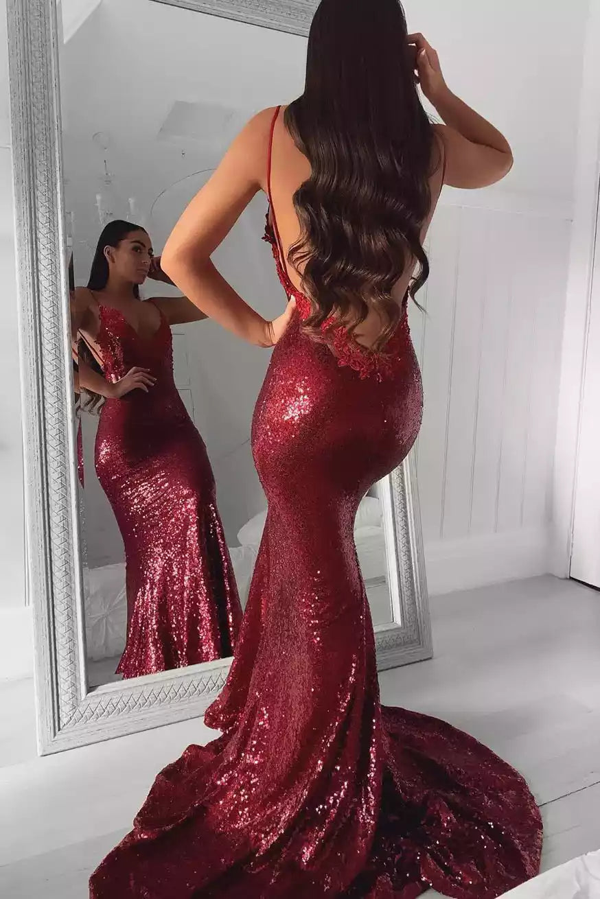 Burgundy Sequin Lace-Trim Mermaid Gown – Luxe & Glittering Evening Party Dress