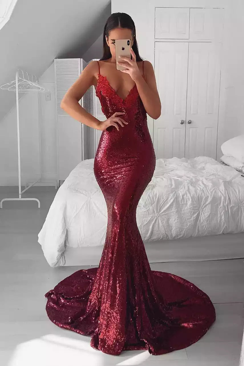 Burgundy Sequin Lace-Trim Mermaid Gown – Luxe & Glittering Evening Party Dress