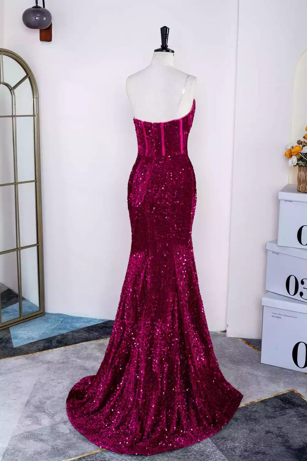 Burgundy Sequin Strapless Mermaid Gown – Dazzling & Regal Evening Party Dress