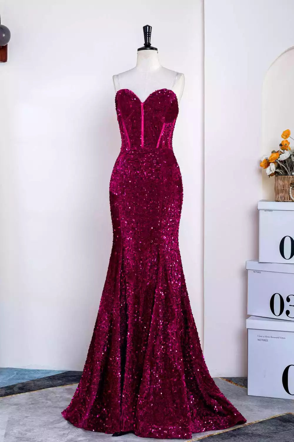 Burgundy Sequin Strapless Mermaid Gown – Dazzling & Regal Evening Party Dress