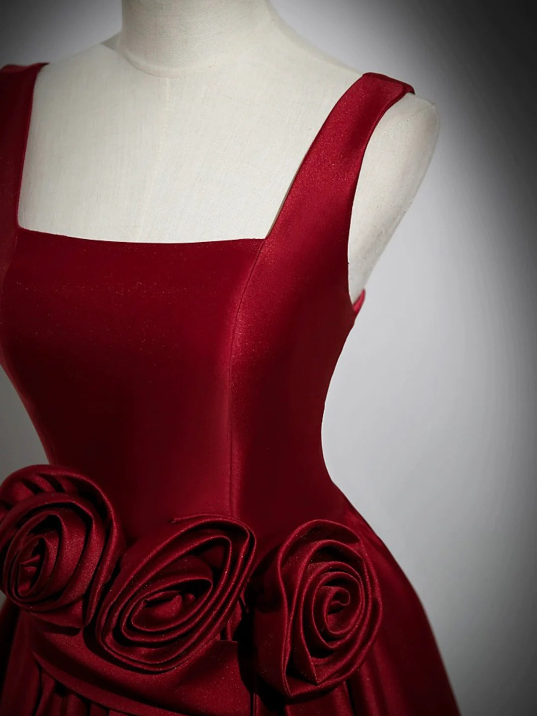 Burgundy Square Neck 3D Rose Appliqué Satin A-Line Ball Gown with Lace-Up Back