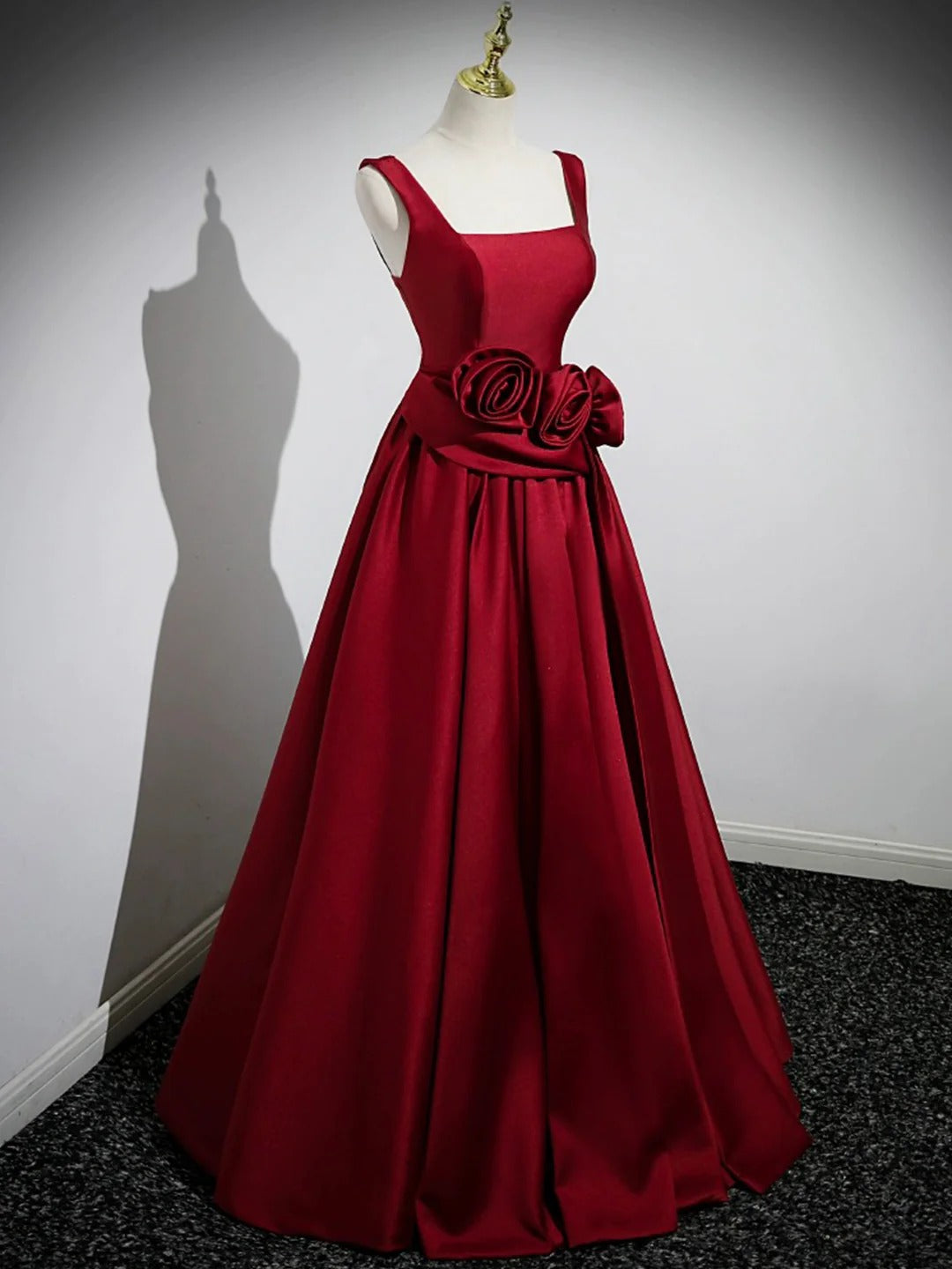 Burgundy Square Neck 3D Rose Appliqué Satin A-Line Ball Gown with Lace-Up Back