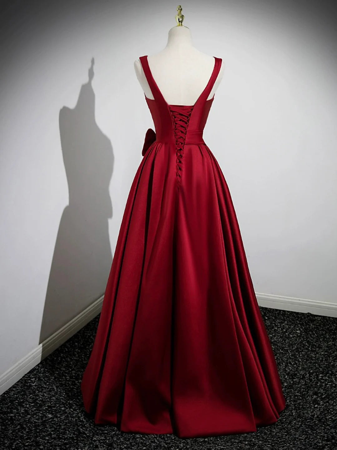 Burgundy Square Neck 3D Rose Appliqué Satin A-Line Ball Gown with Lace-Up Back