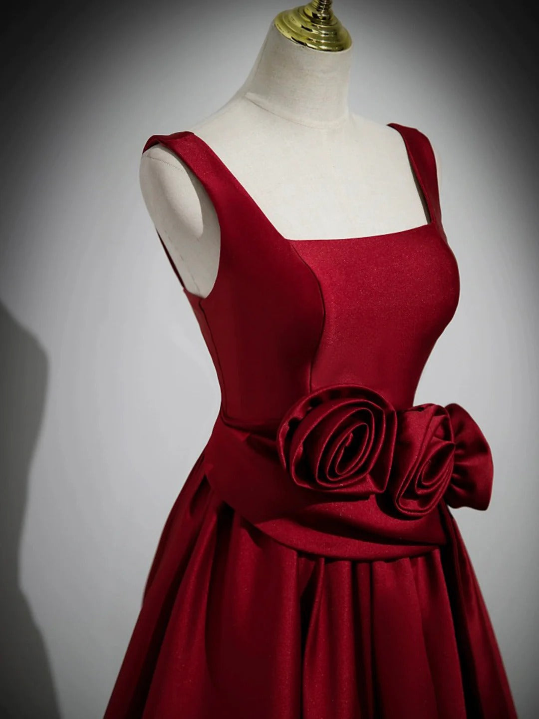 Burgundy Square Neck 3D Rose Appliqué Satin A-Line Ball Gown with Lace-Up Back